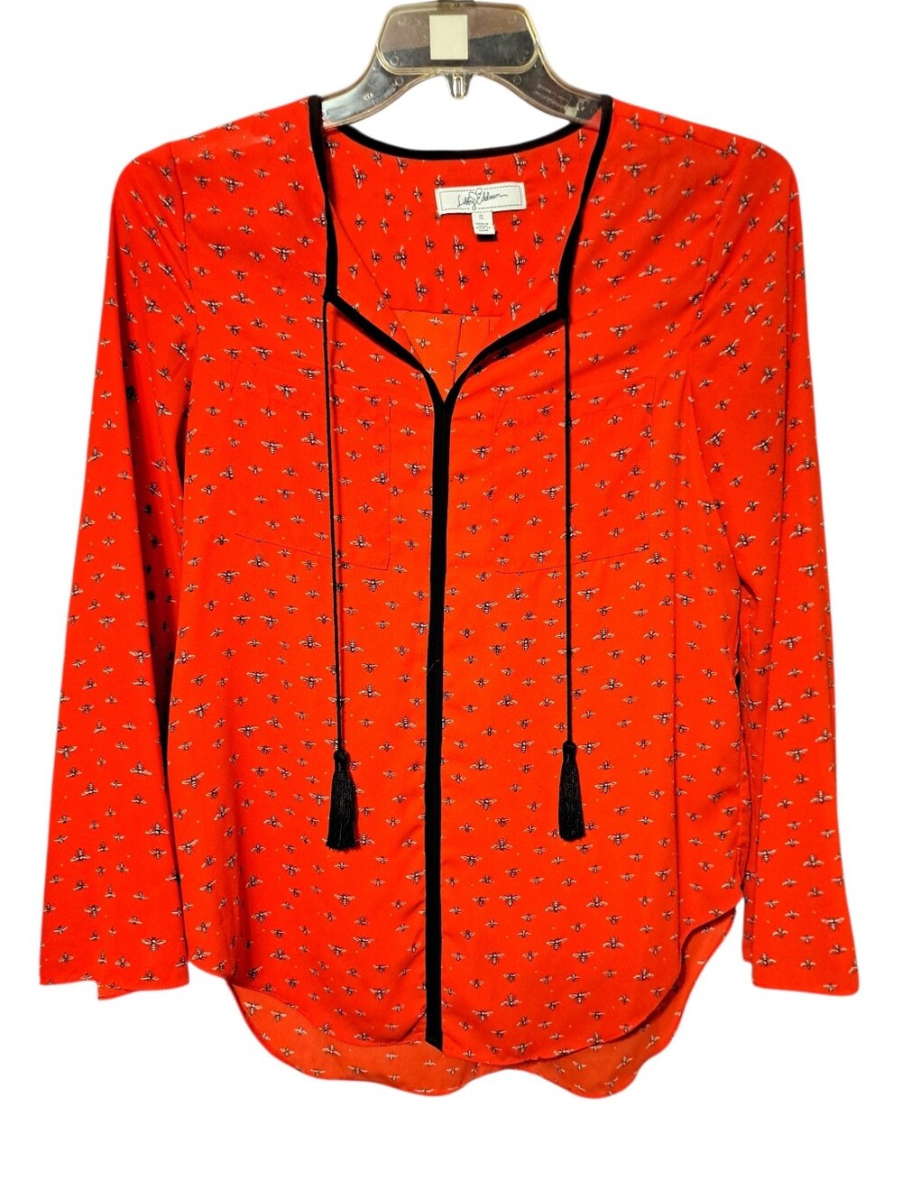 Lilly Edelmam Bright Red Bee And Tassel-Trim Long Sleeve Peasant Top